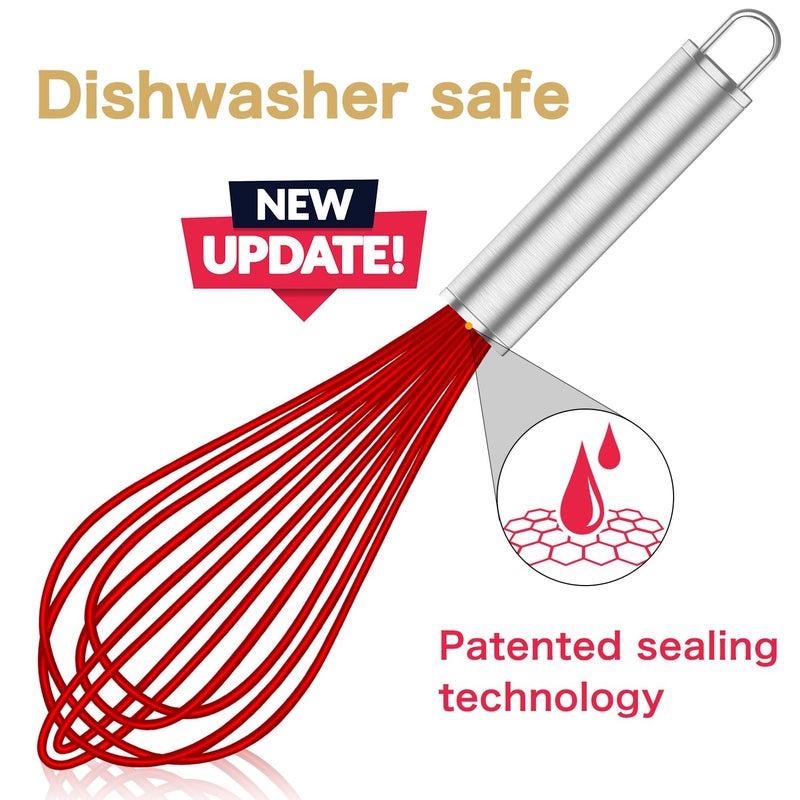 OYV Silicone Rubber Whisk,Premium Whisks For Cooking Non Scratch,Stainless Steel & Silicone Wisk For Nonstick Cookware Pans, High Heat Resistant kitchen Whisks set of 3,Red - Image 2